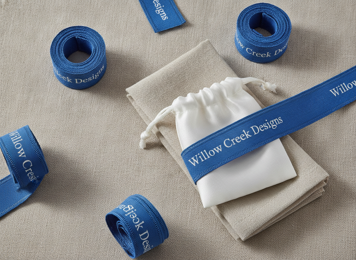Studio product photograph: a carefully arranged collection of custom printed cotton ribbons on a...