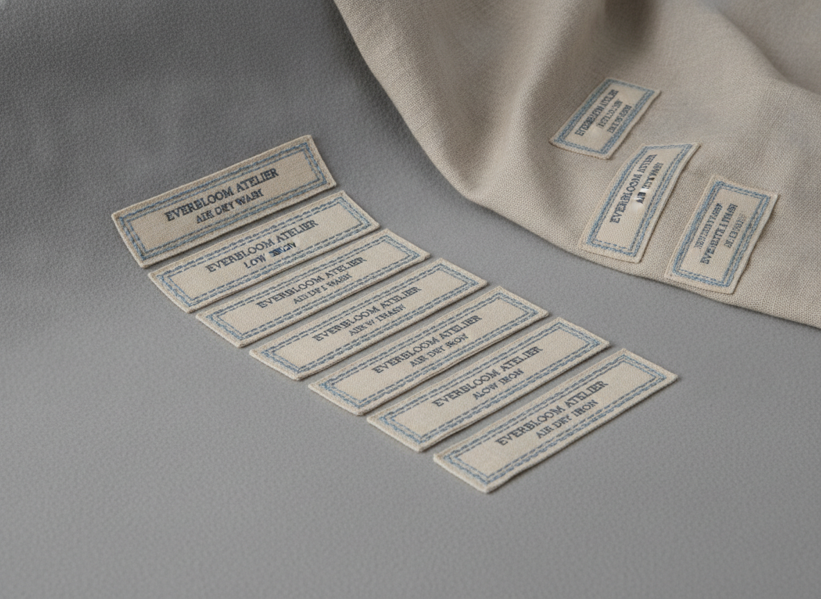 Studio product photograph: a collection of embroidered care labels for 'everbloom atelier' arranged...