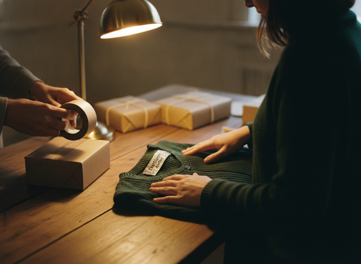 A mid-distance shot showing two people, colleagues, working together at a sturdy, worn wooden...