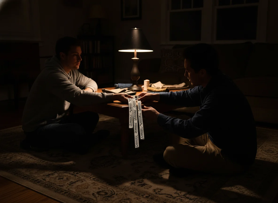 A wide establishing shot inside a dimly lit living room at night. two people, casually dressed, sit...