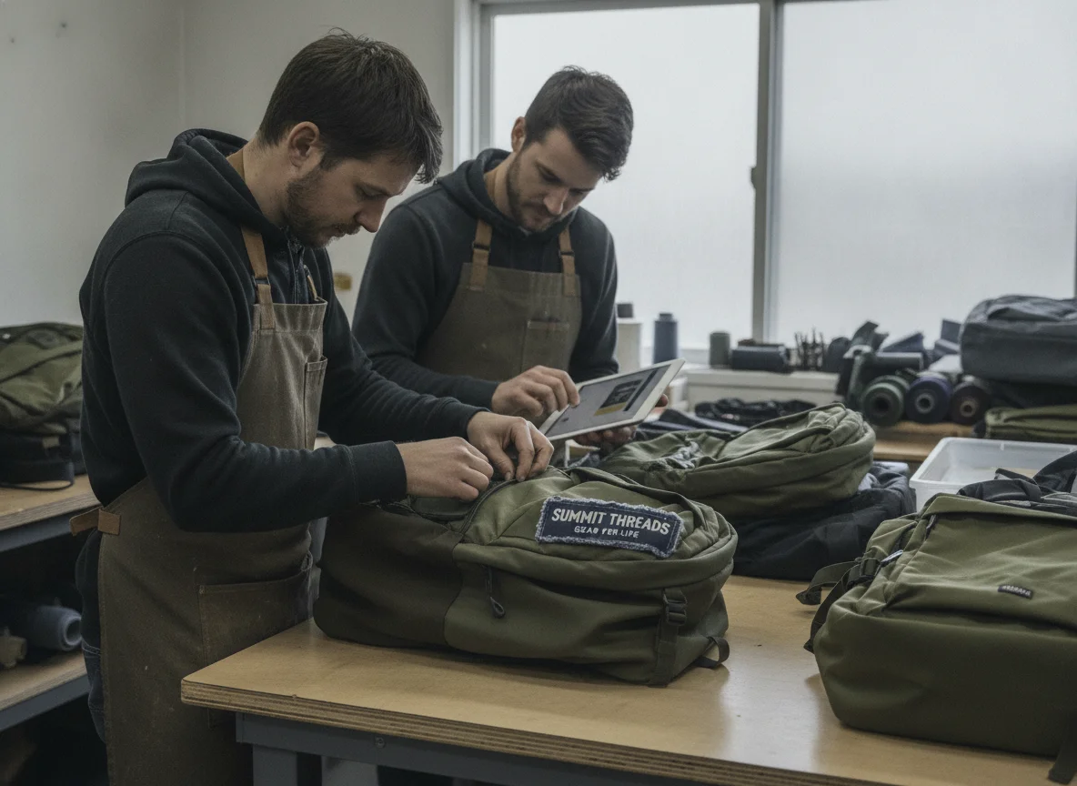 A mid-distance shot inside a small, bustling independent outdoor gear workshop during an overcast...