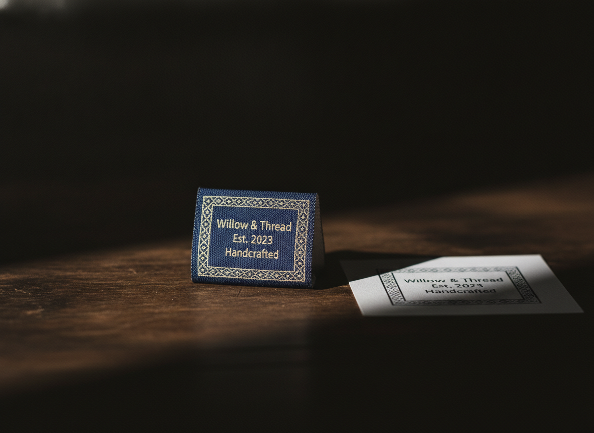 A close shot of a small, squarish custom woven label, made from fine damask jacquard in a deep...