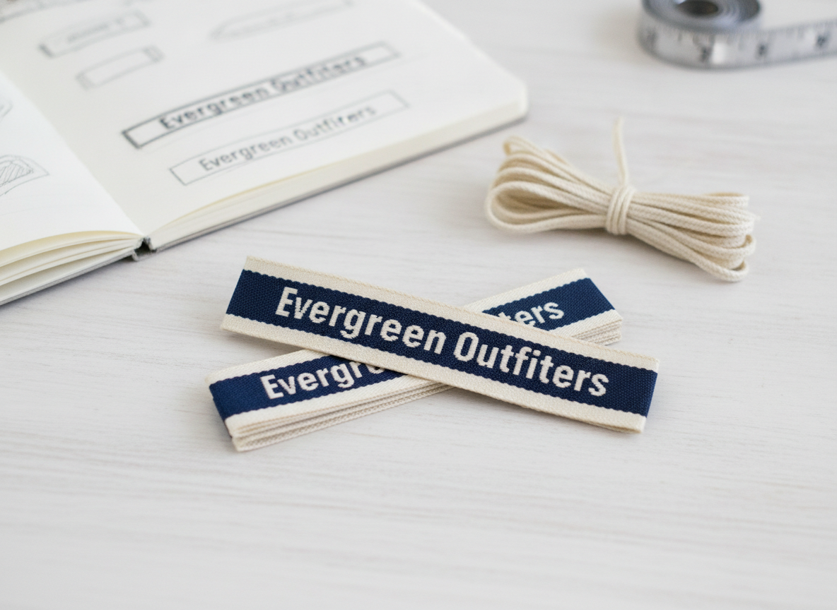 A close shot of a small stack of new, crisp custom clothing tags on a clean, pale wooden surface....