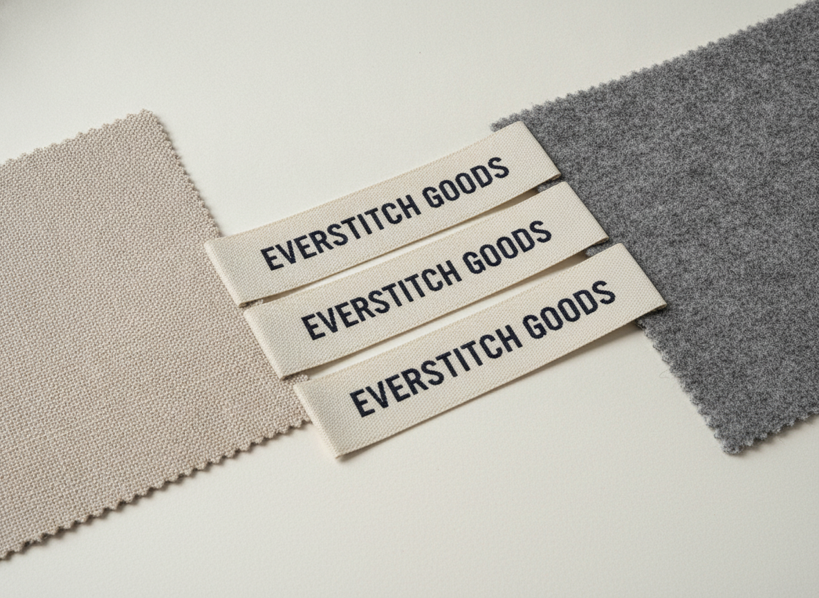 Studio product photograph: a carefully arranged collection of woven labels and a couple of...