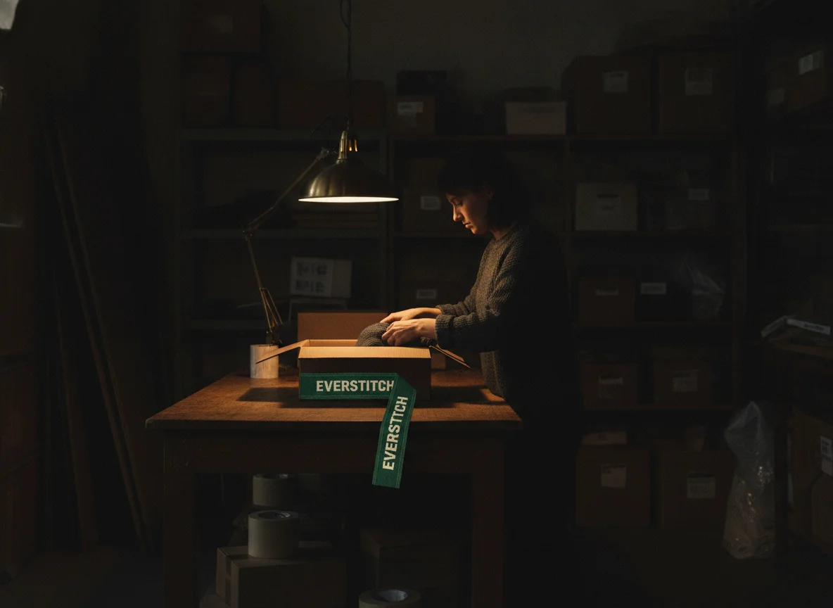 A wide establishing shot of a small, busy packing station in a dimly lit workshop. a person, seen...