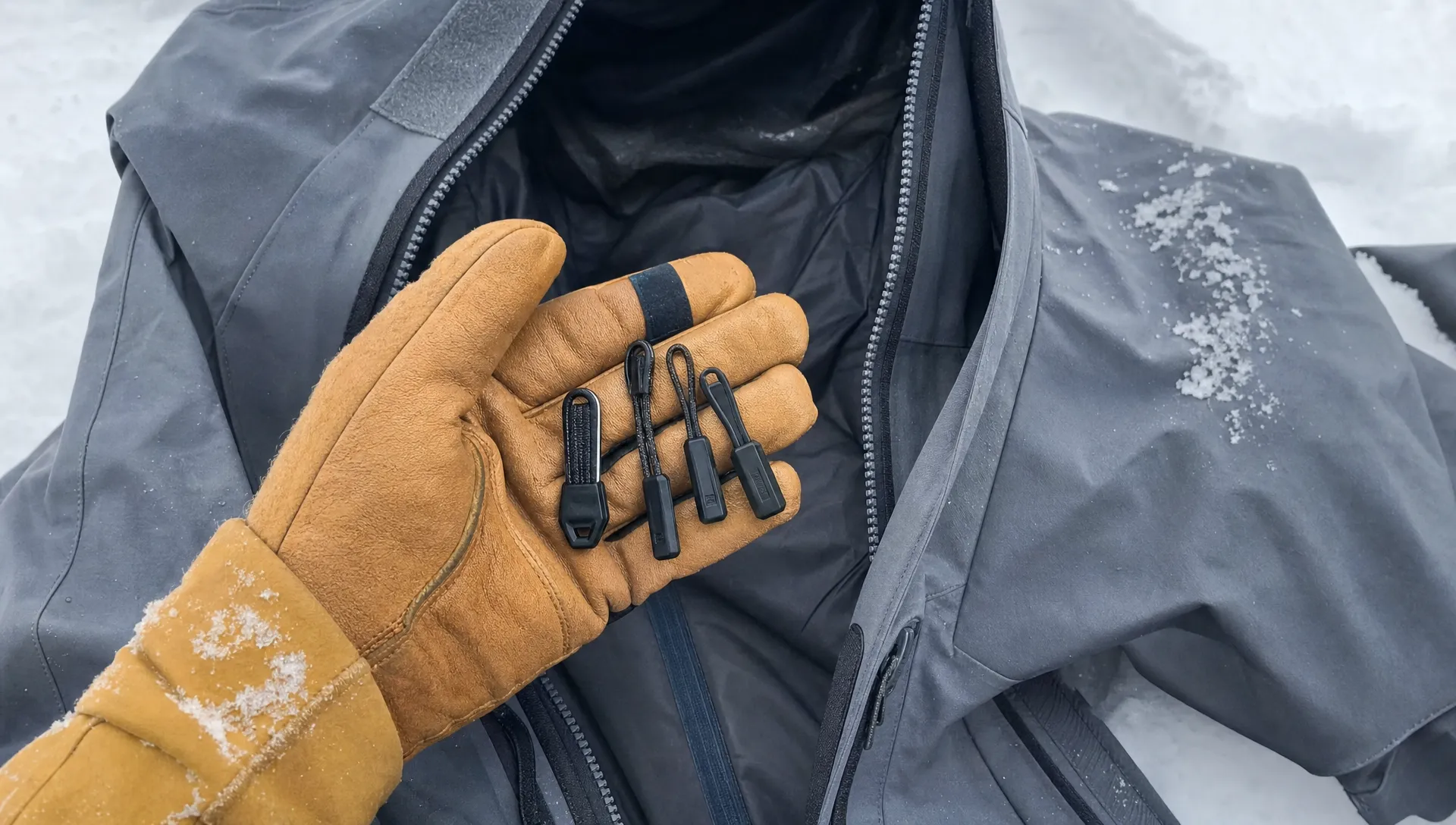 Several jacket pulls sit on an open winter shell as a glove tests their grip and size.