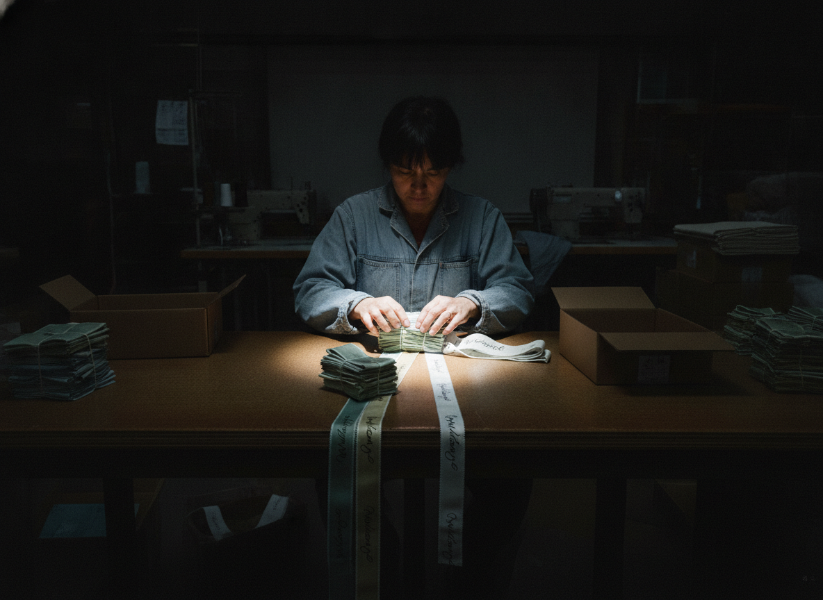 A wide establishing shot inside a dimly lit garment production facility. one person, wearing...
