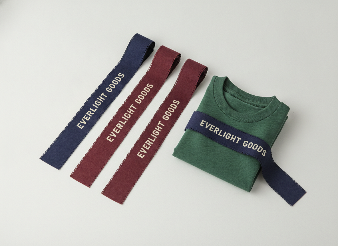 Studio product photograph: a curated arrangement of several printed cotton ribbons from the...