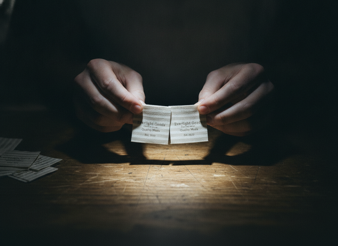 A close shot of a person's hands comparing several small, squarish printed cotton ribbon tags, each...