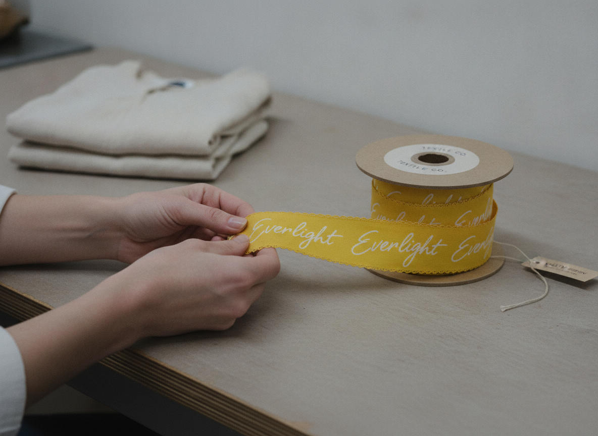 A wide establishing shot of a person's hands examining a new, bright saturated yellow printed...