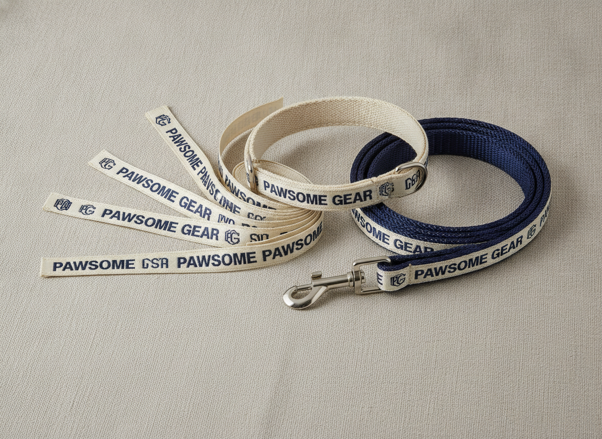Studio product photograph: a collection of custom woven ribbons for pet collars and leashes,...