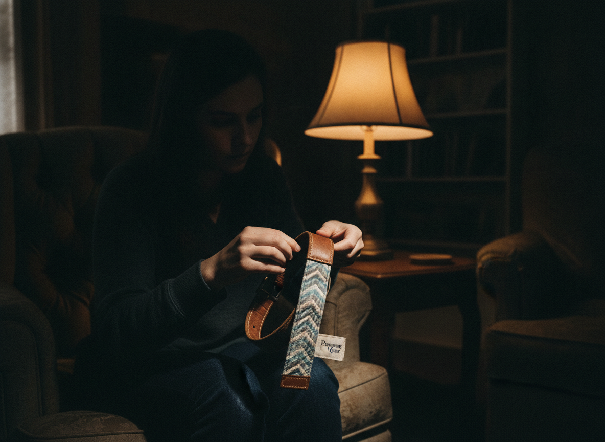 A mid-distance shot of a person sitting on a worn armchair in a dimly lit living room, gently...
