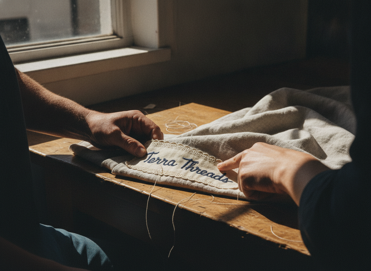 A mid-distance shot showing a bright, sunlit corner of a small textile studio. hard-edged shadows...