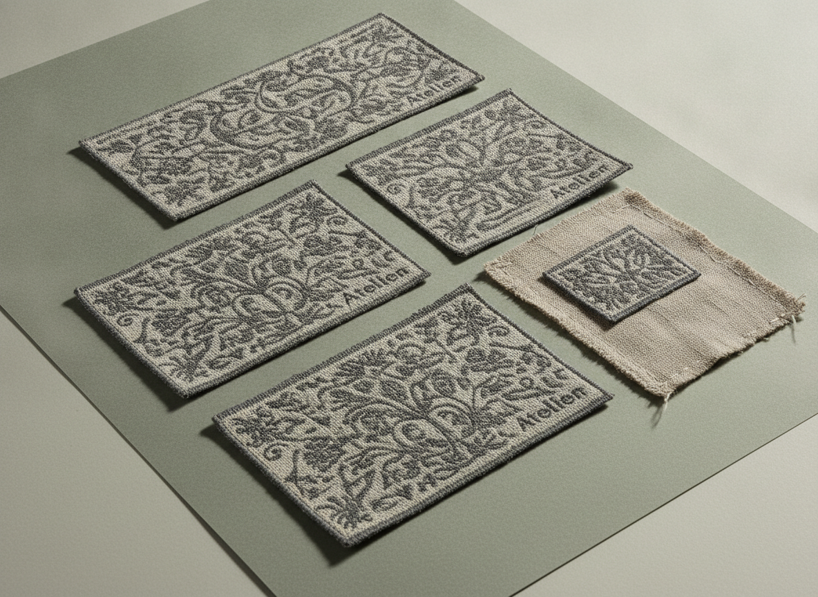 Studio product photograph: a collection of custom woven patches for 'everbloom atelier' arranged...