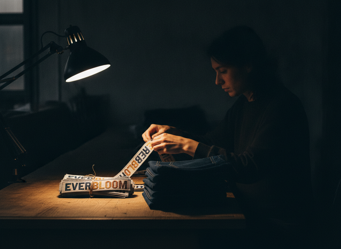 A mid-distance shot of a person in a dimly lit garment workshop late at night. they are sitting at...