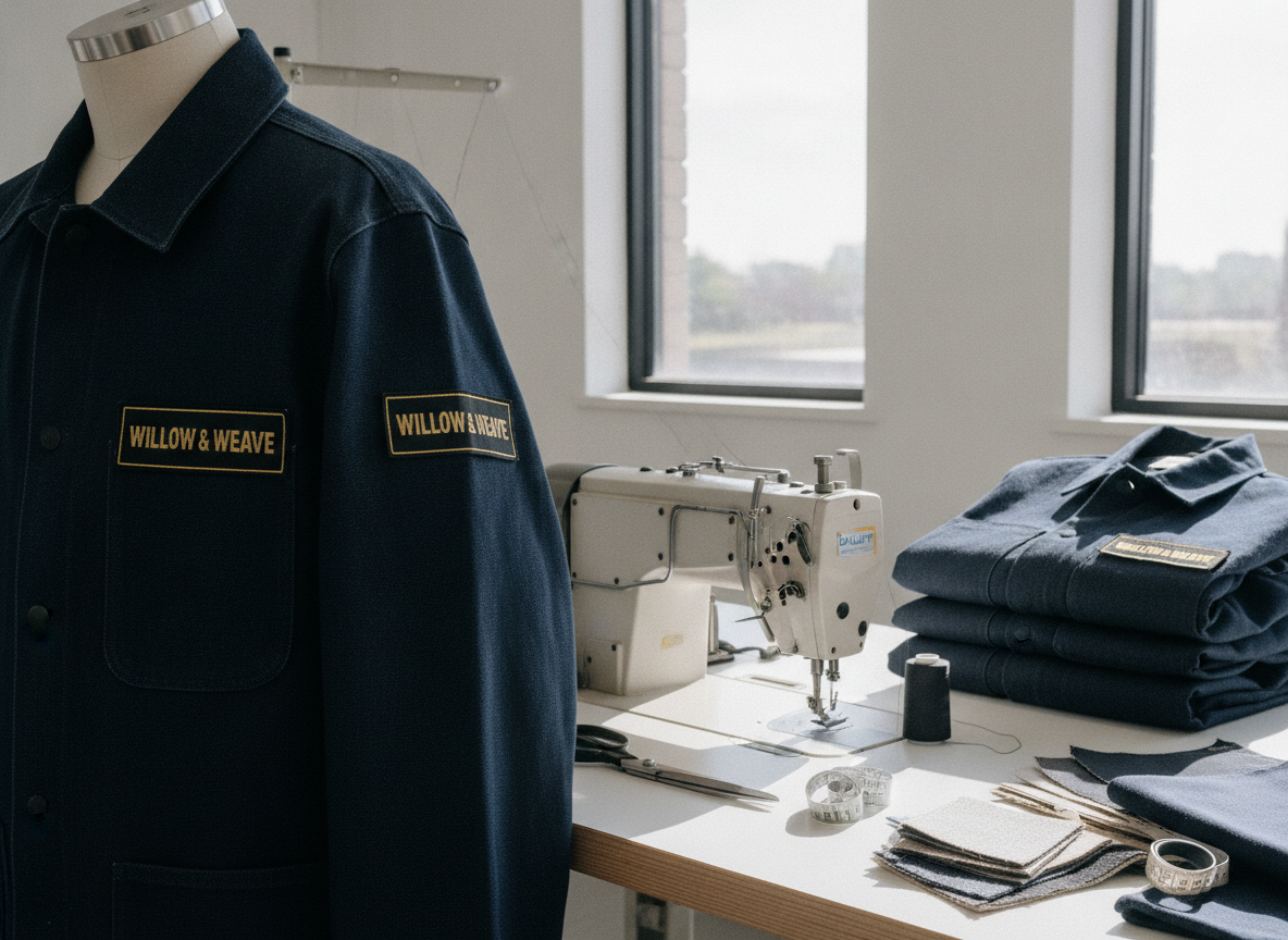 A mid-distance shot inside a modern, organized garment production workshop. the setting shows a...