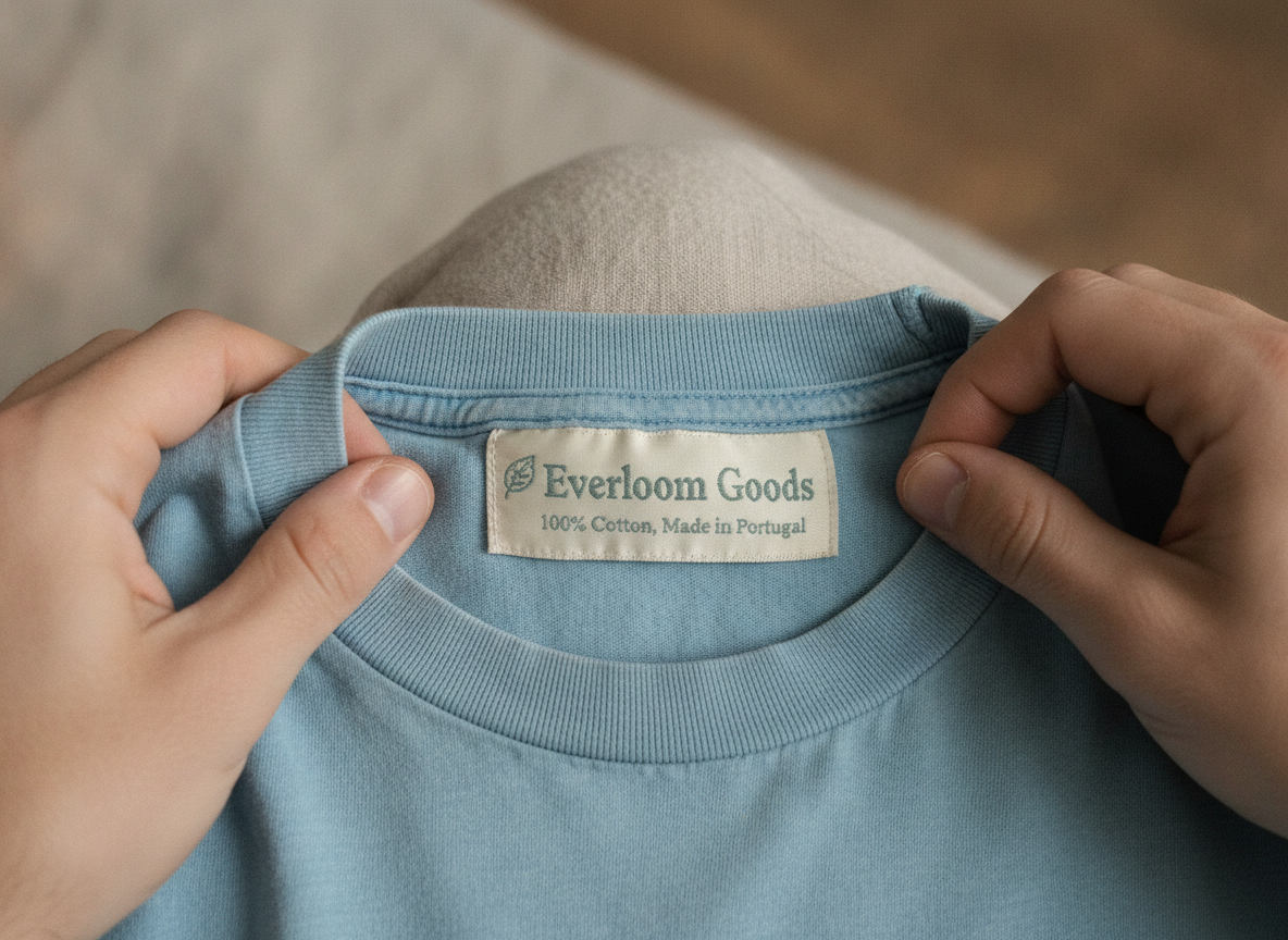 A close-up, candid shot of a person's hands gently inspecting a small, faded woven label sewn askew...