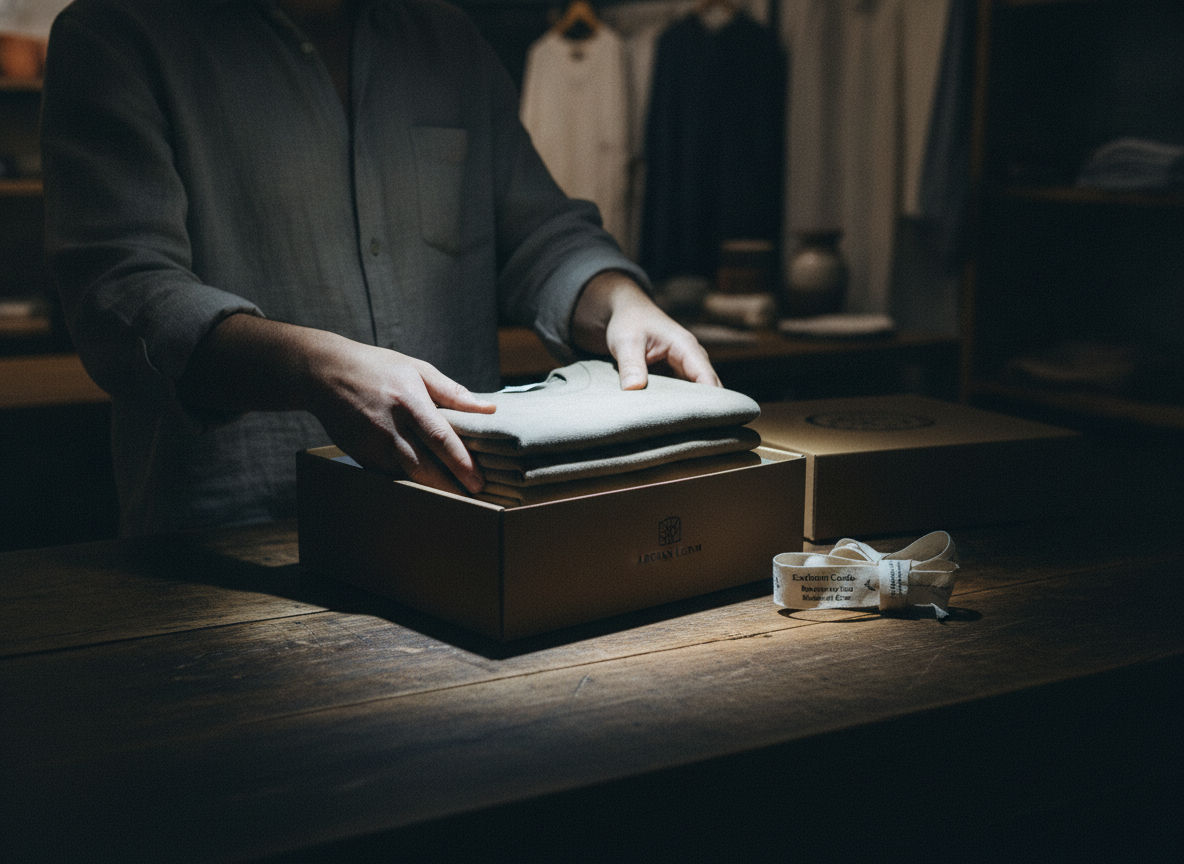 A wide, candid establishing shot of a person's hands in a dimly lit boutique setting, carefully...