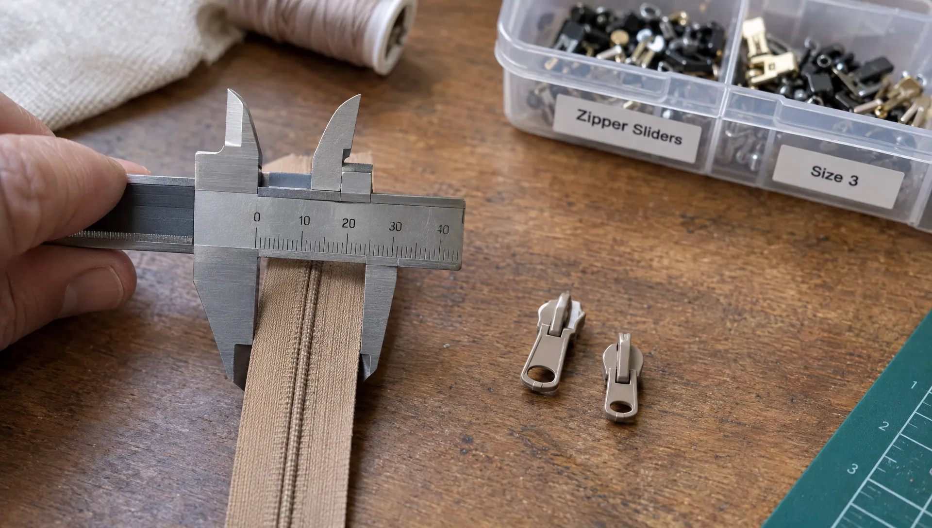 A concealed zipper chain is measured across its closed coils with a caliper, beside its original slider and a possible replacement on a sewing table.
