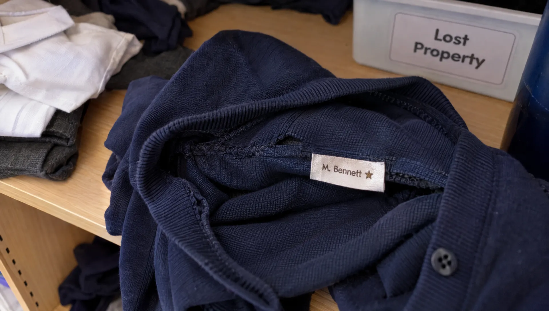A school cardigan carries the short identifier M. Bennett and a small star on a label sewn inside its side seam.