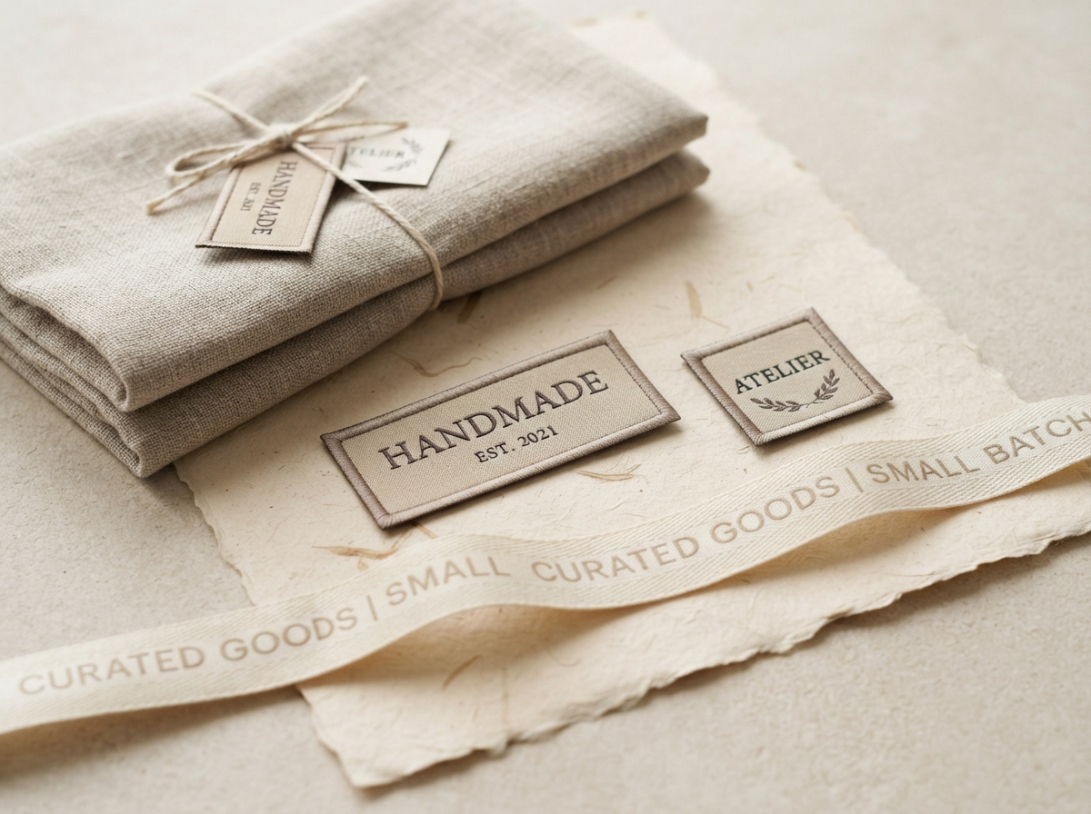 Studio product photograph: several pieces of branded ribbons and tags arranged on pale, textured...