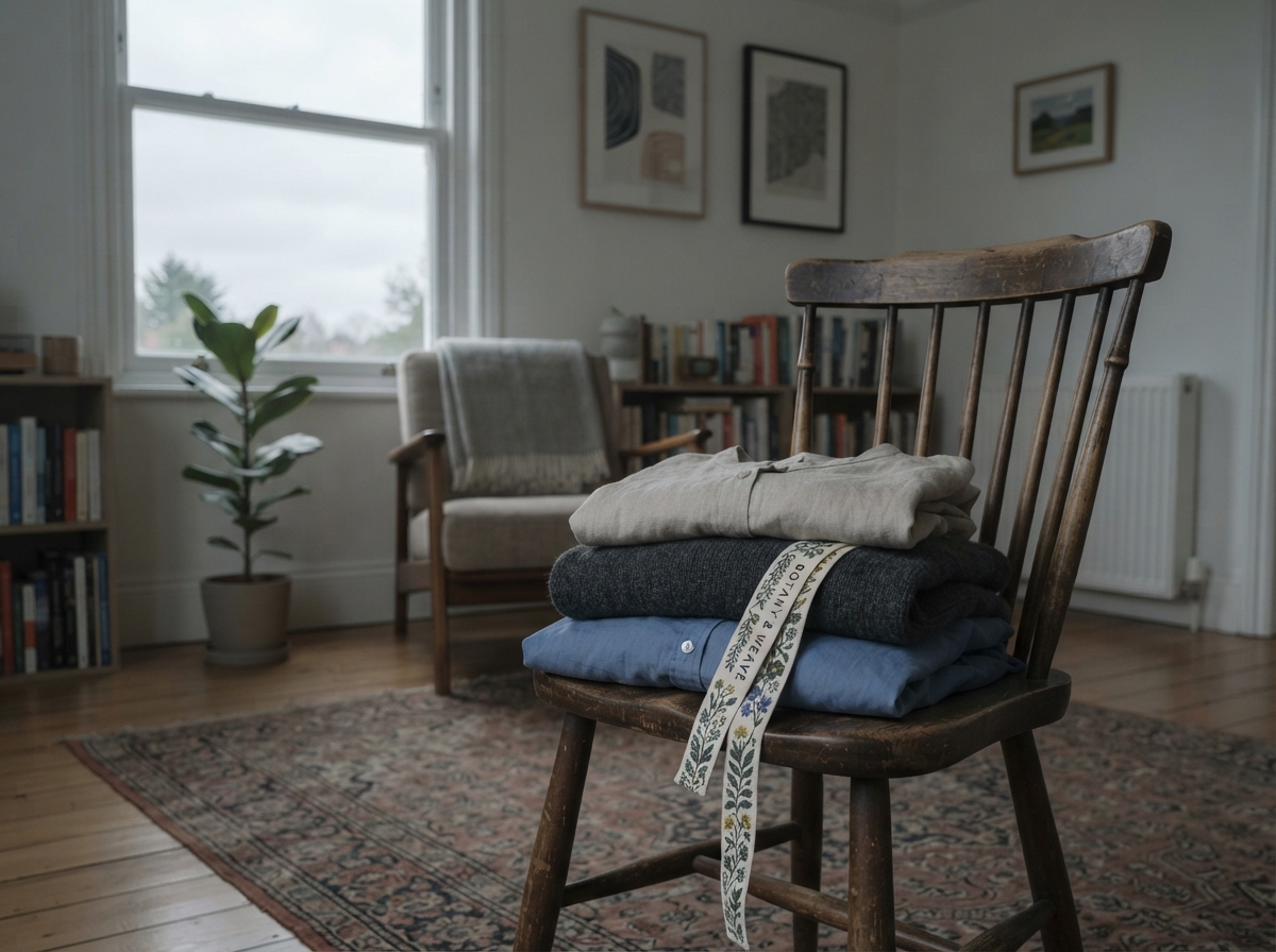A wide establishing shot of a sunlit living room on an overcast day, showing a small pile of...
