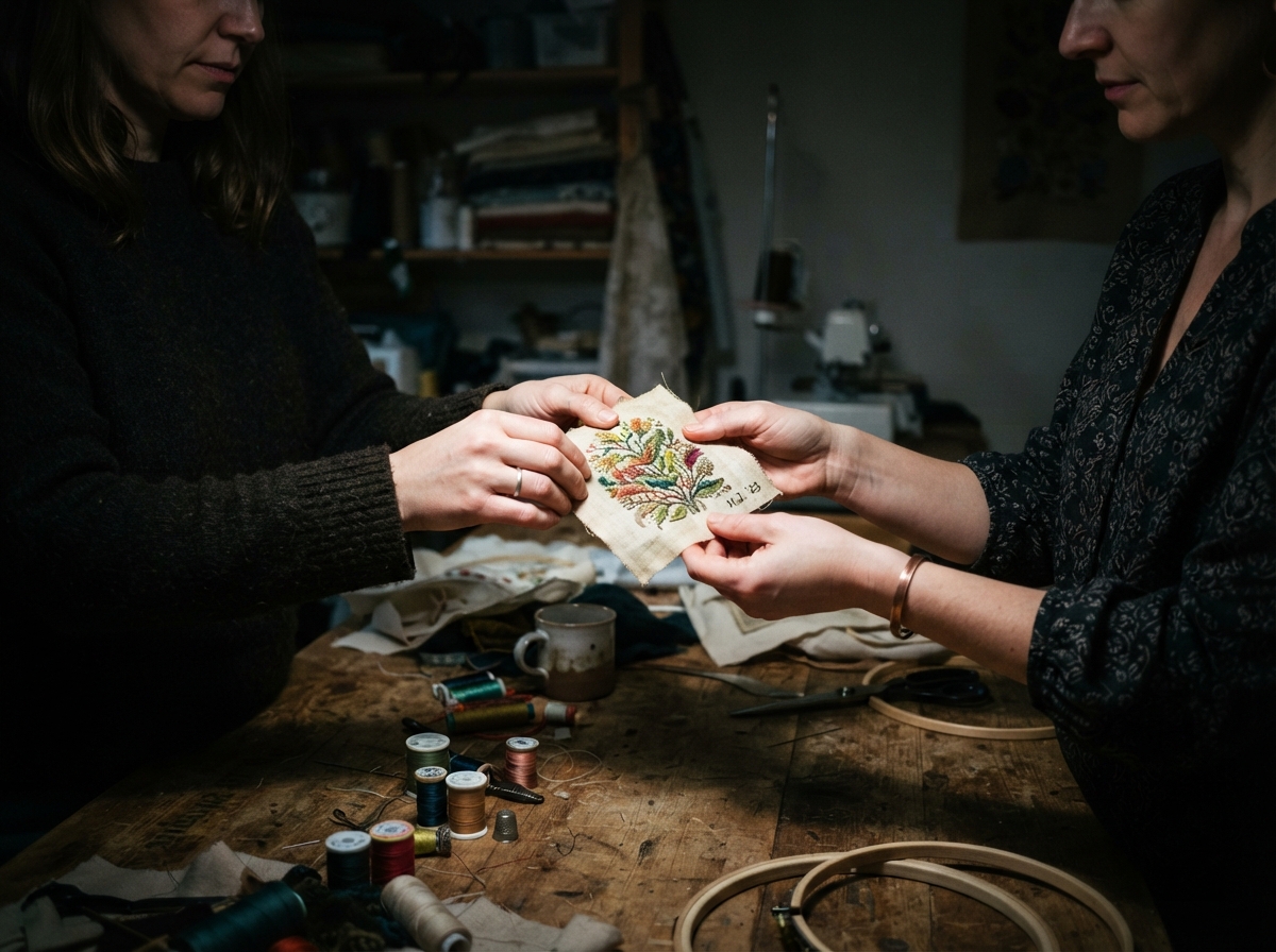 A close shot of two people's hands working together over a wooden workbench in a dimly lit, cozy...