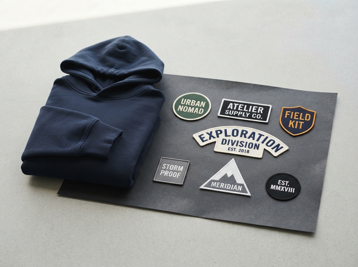 Studio product photograph: a collection of embroidered apparel patches arranged on a dark grey...