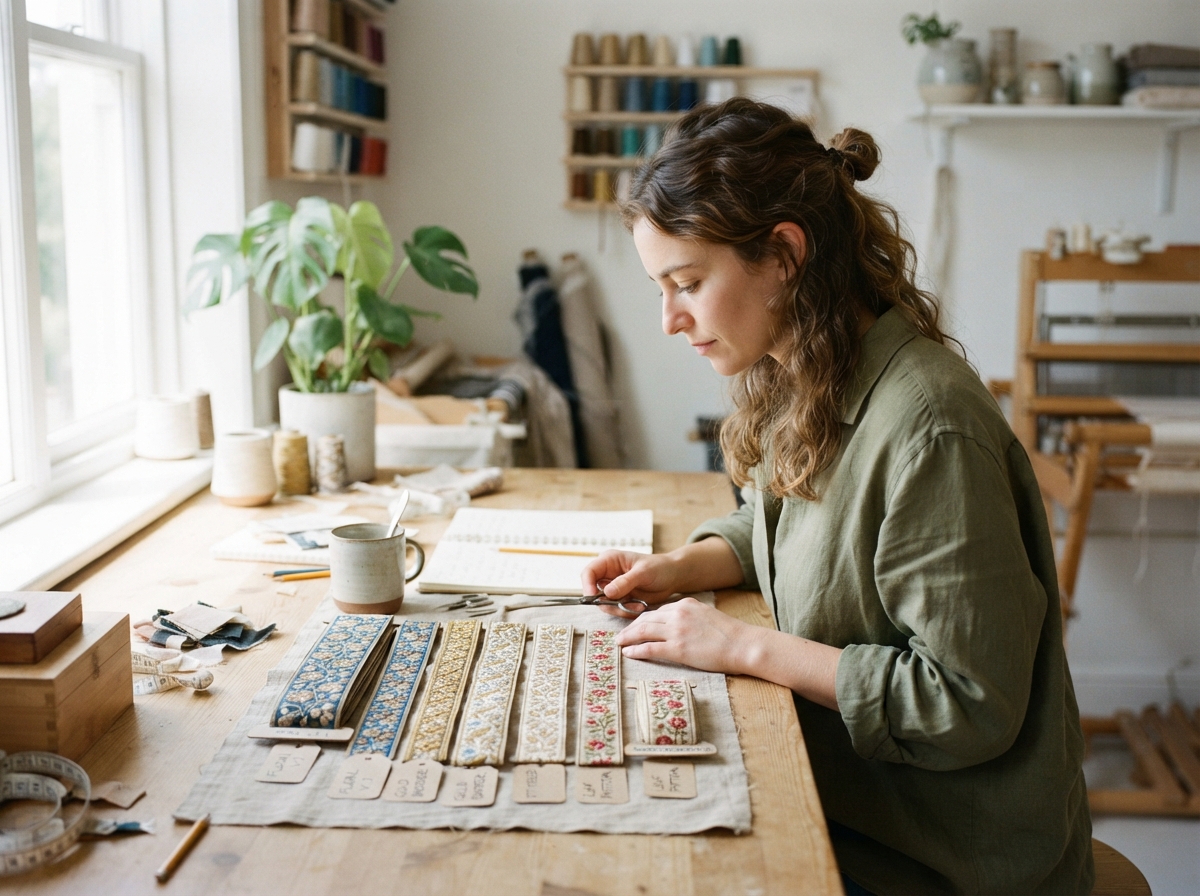 A mid-distance shot of one person in a sunlit, airy workspace, mid-task while comparing several...