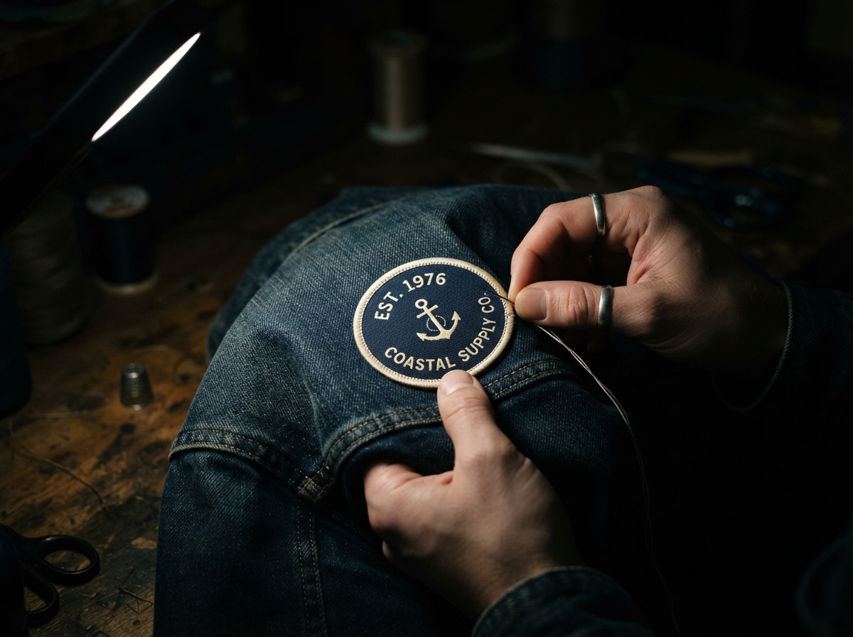 A close shot of a crisp, navy and cream woven patch being applied to a cotton denim jacket, focused...
