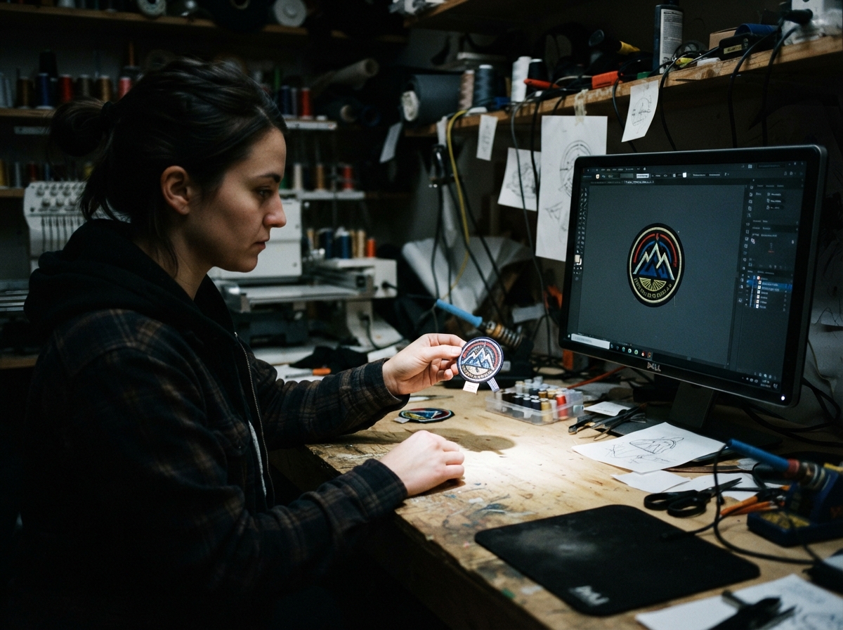 A wide establishing shot inside a small, busy studio, a person's hands holding a new patch next to...