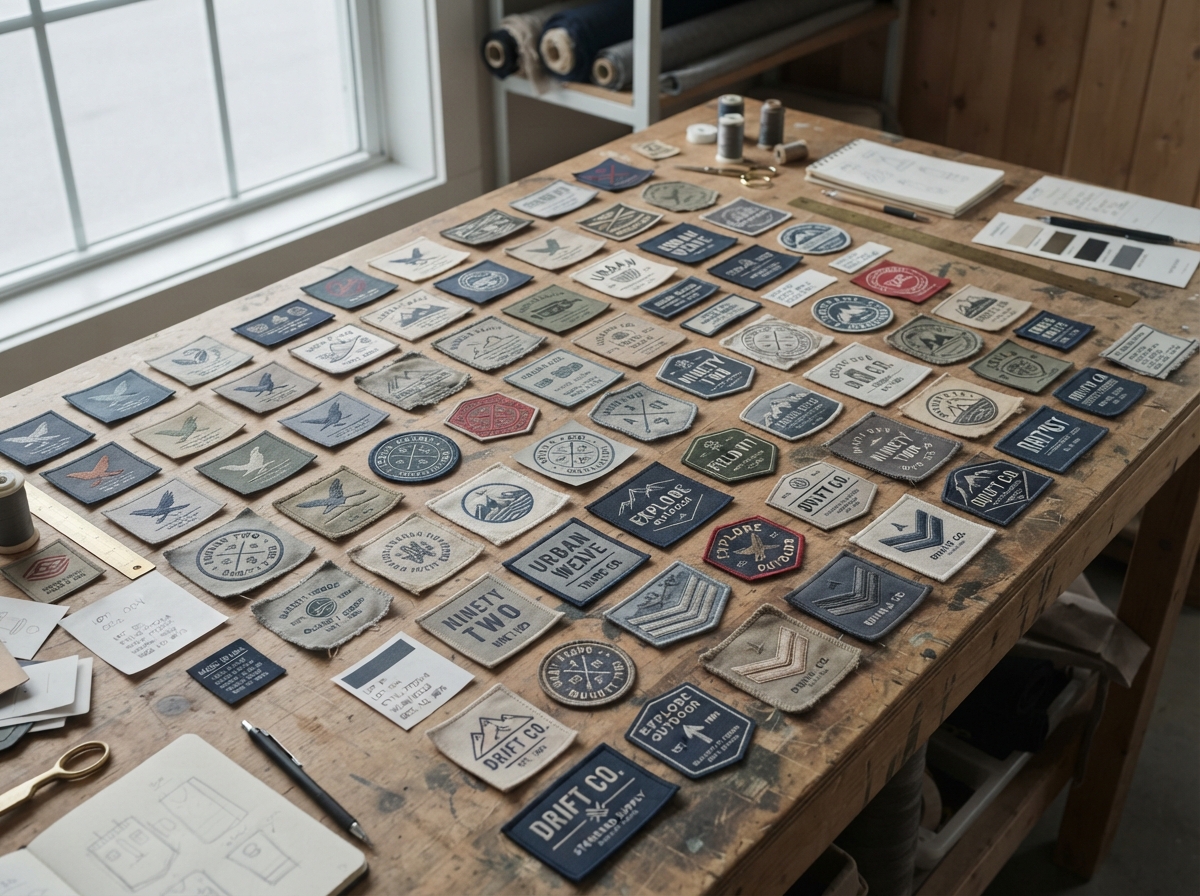 A mid-distance shot of a workbench covered in various patch samples laid out side by side for...