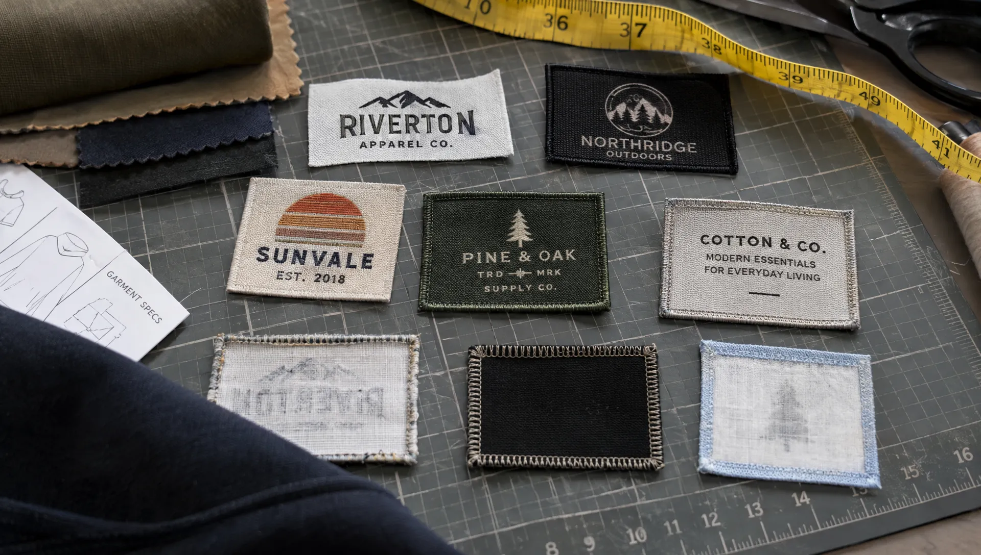 Embroidered clothing tag samples show differences in stitch coverage, border finish, and backing beside garment fabric.