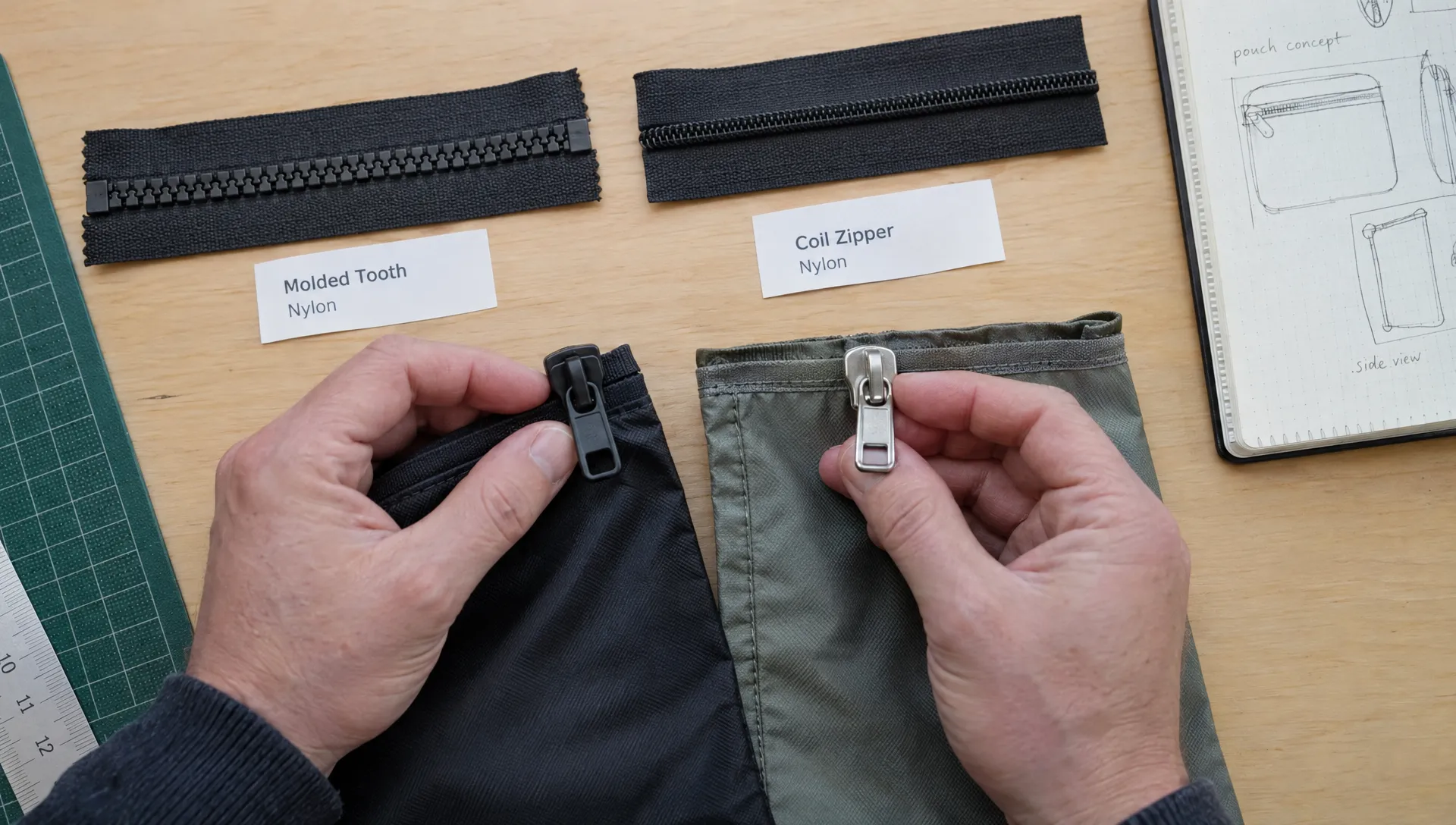 Hands compare plastic and metal zipper sliders beside molded-tooth and coil samples on lightweight pouch fabric.