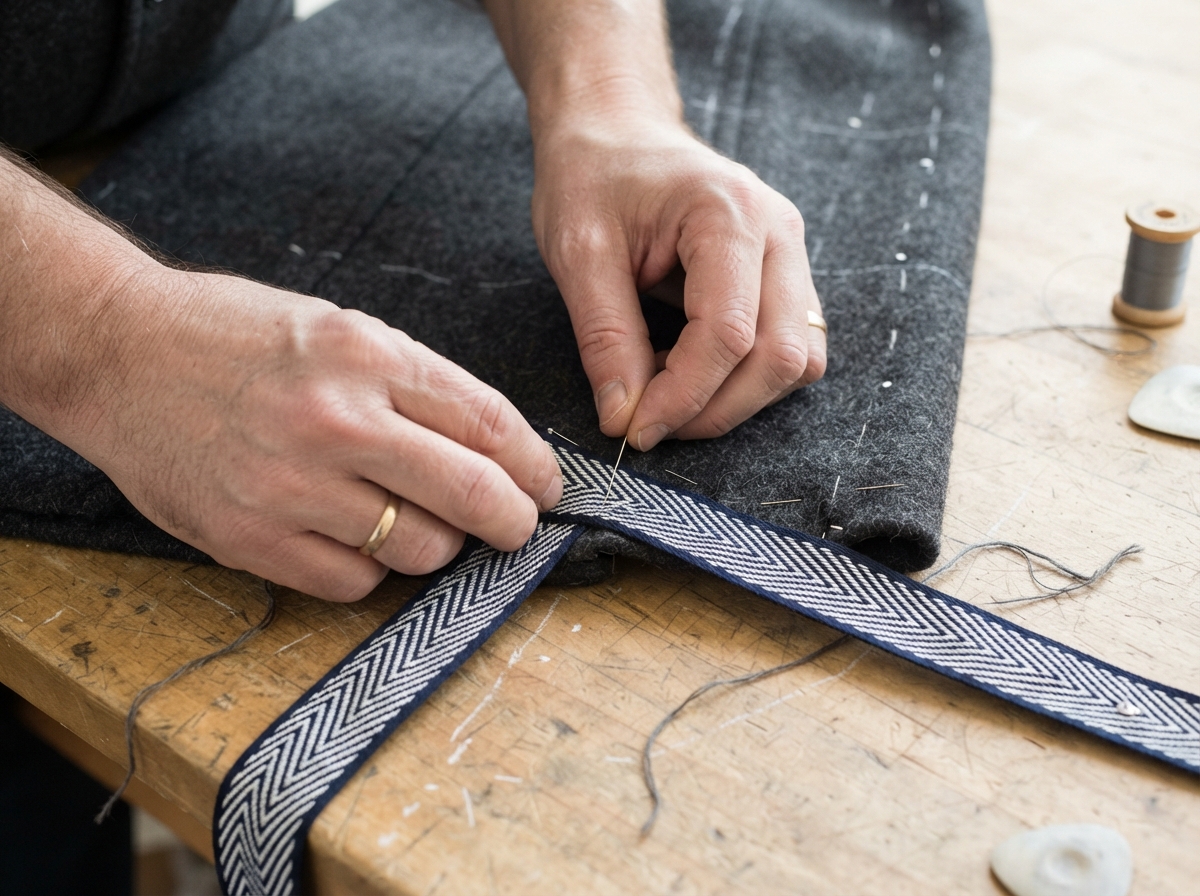 A close-up shot of a pair of hands carefully pinning a strip of navy and white chevron-patterned...