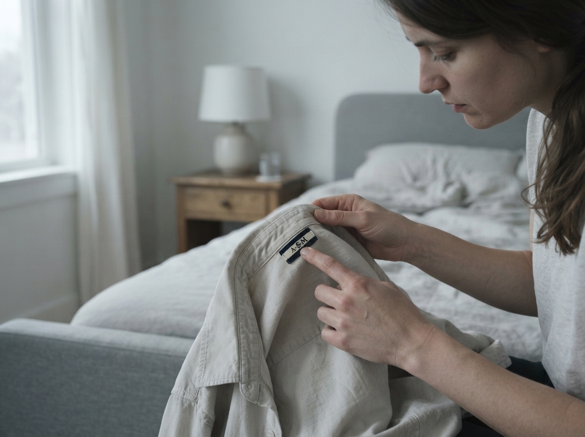 A mid-distance, eye-level shot of hands holding a light-colored cotton shirt. the person is gently...