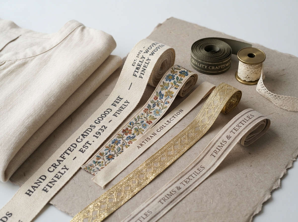 Studio product photograph: a collection of various woven ribbons arranged elegantly on a textured,...