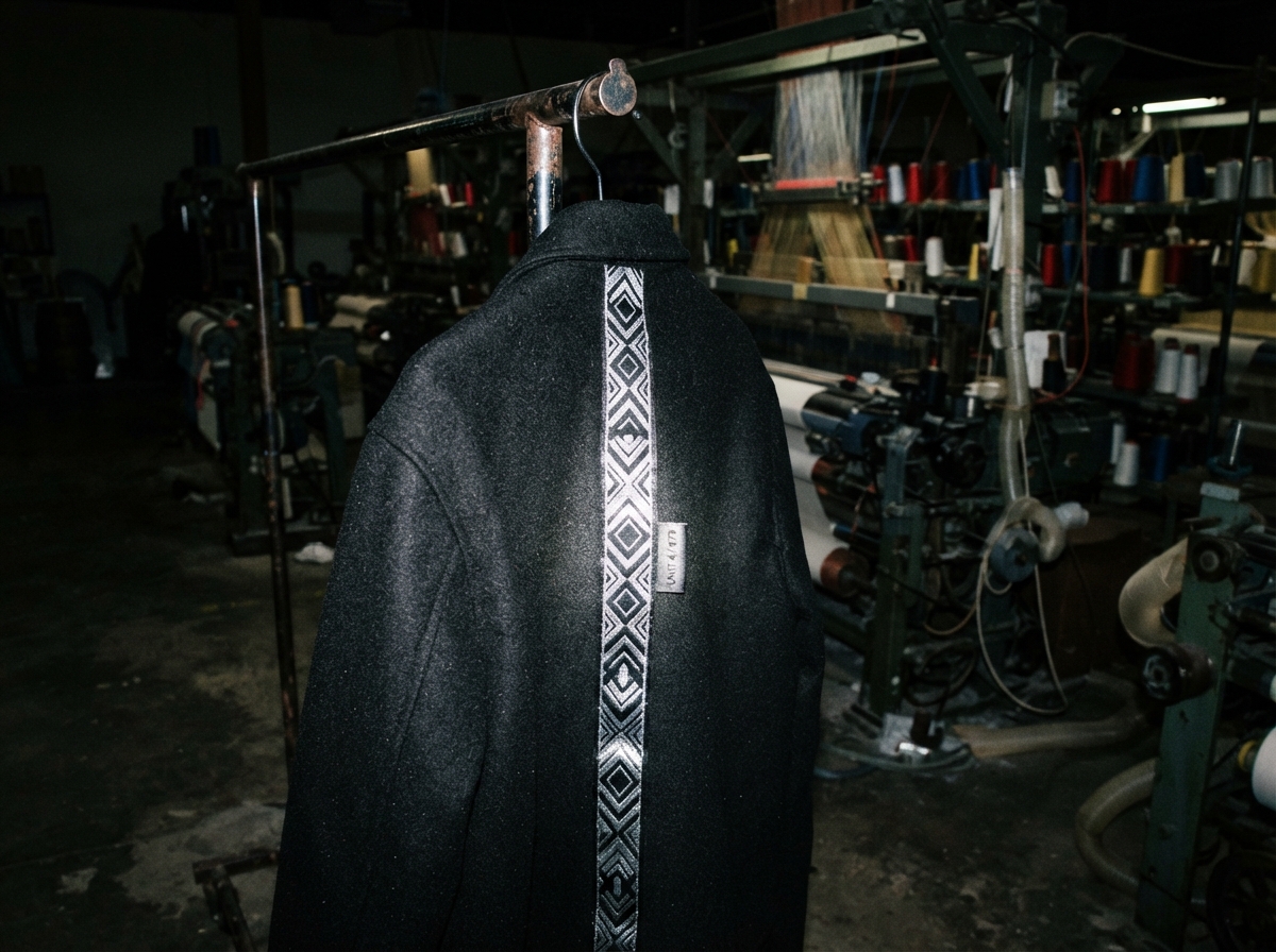 A mid-distance shot inside a dimly lit textile factory, shot with a small on-camera flash. the...