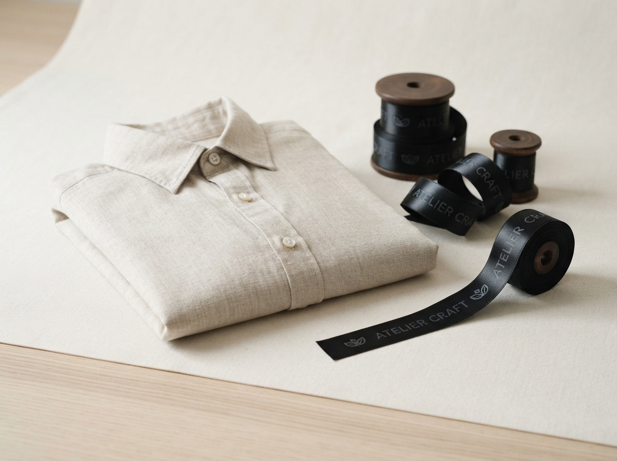 Studio product photograph: a arrangement on an off-white seamless sweep, including a folded linen...