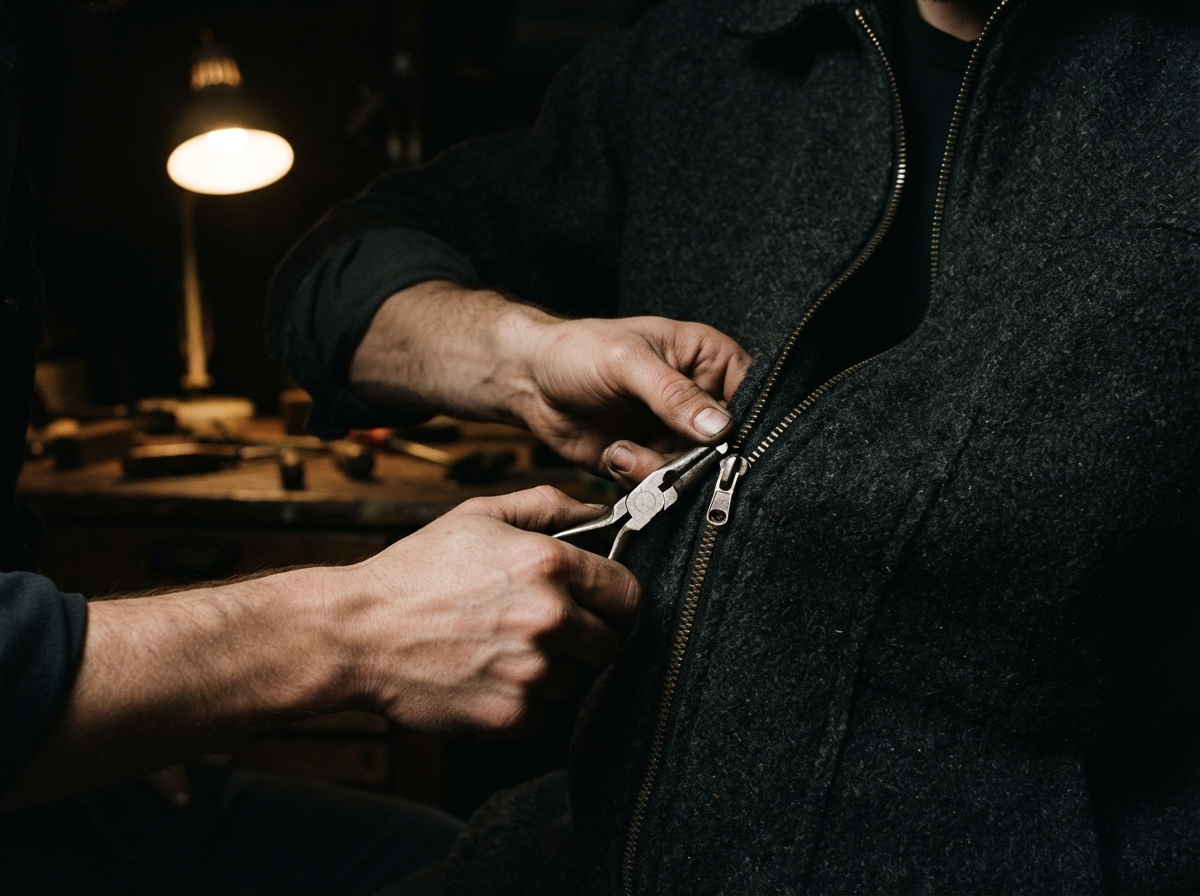 A close shot of a person's hands using small metal pliers to gently pry a silver zipper stop off a...