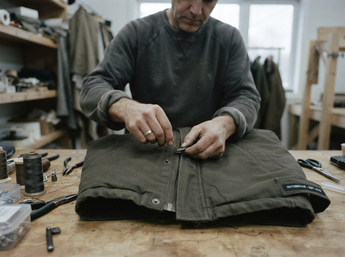 A wide establishing shot from the perspective of someone packing orders at a table, showing hands...