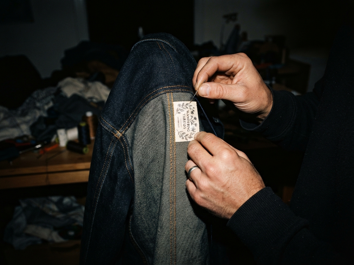 A mid-distance shot of a person's hands holding a piece of heavy twill tape against the seam of a...