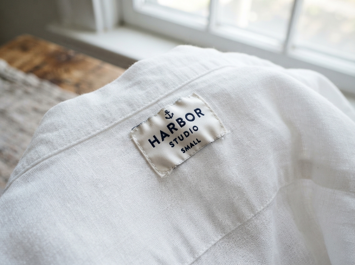 A close-up of a finished garment label on a crisp white shirt, seen under bright late-morning sun...