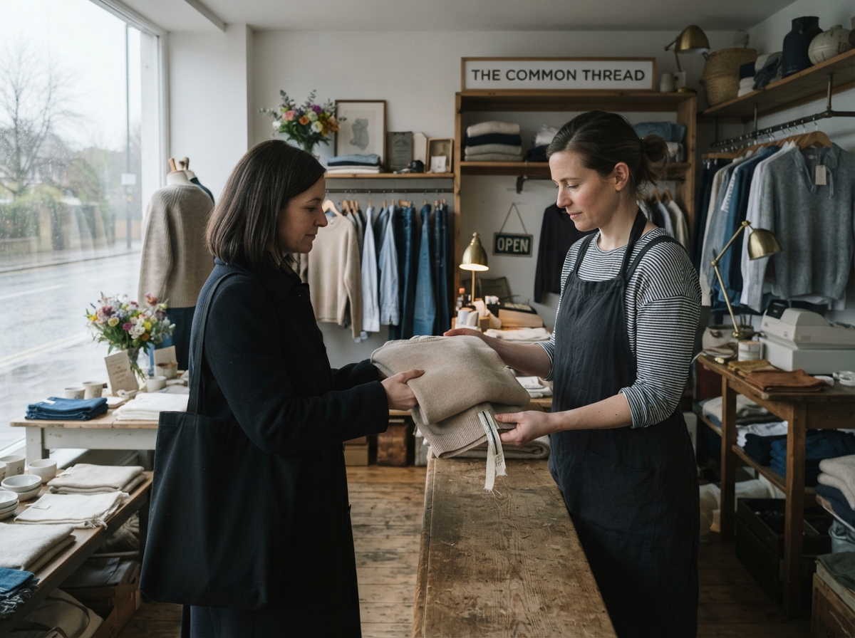 A wide establishing shot in a small, quiet boutique; a person is handing a folded cotton sweater to...