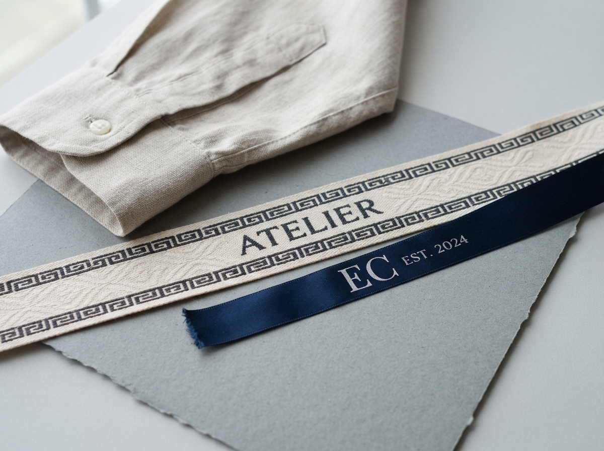 Studio product photograph: a curated selection of custom woven ribbons arranged on a neutral...