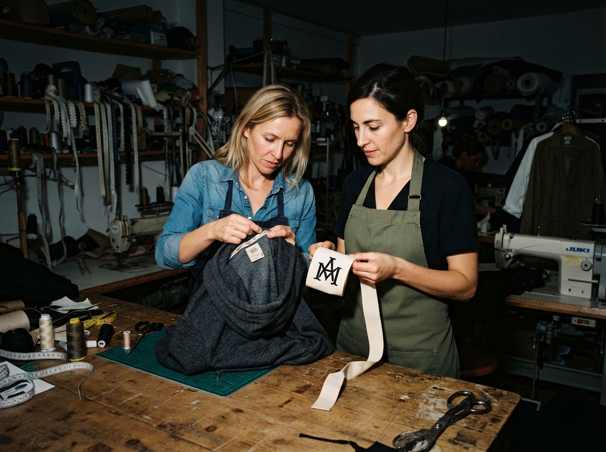 A wide shot capturing two people standing at a large, sturdy wooden table in a sunlit workshop. one...