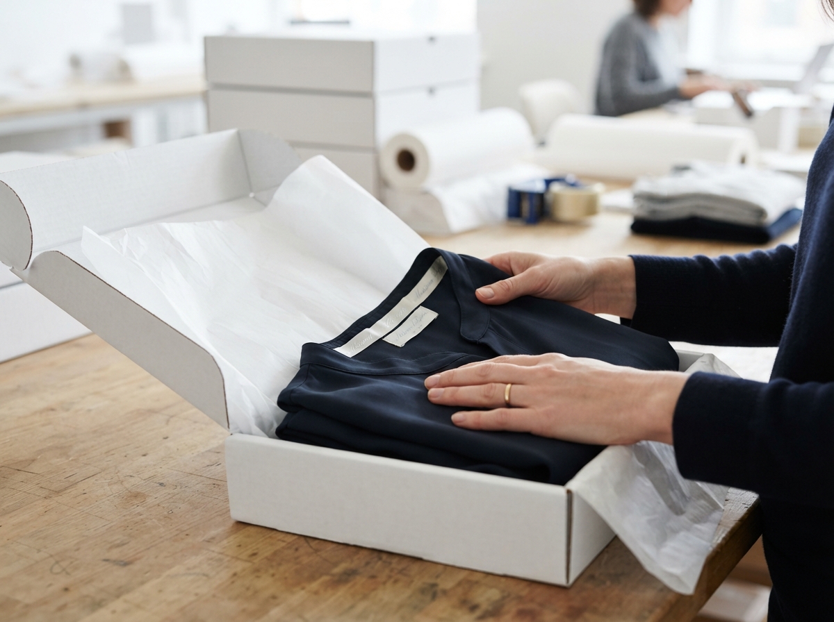 A close-up shot focused on a person's hands as they carefully pack a garment into a shipping box,...