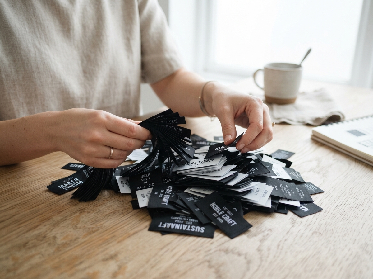 A close shot of a designer hands sorting through a stack of loose, high-contrast black and white...