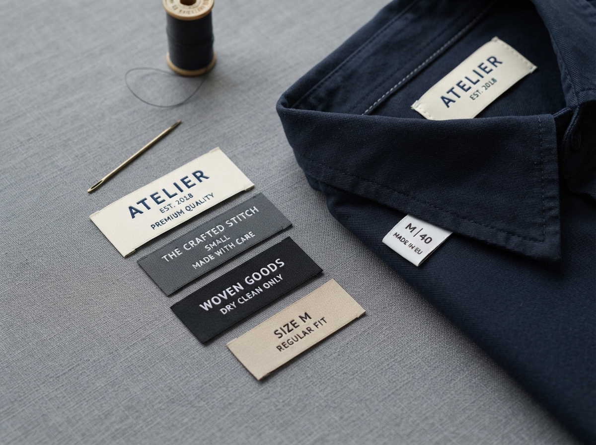Studio product photograph: a collection of woven damask labels and a finished garment sleeve...