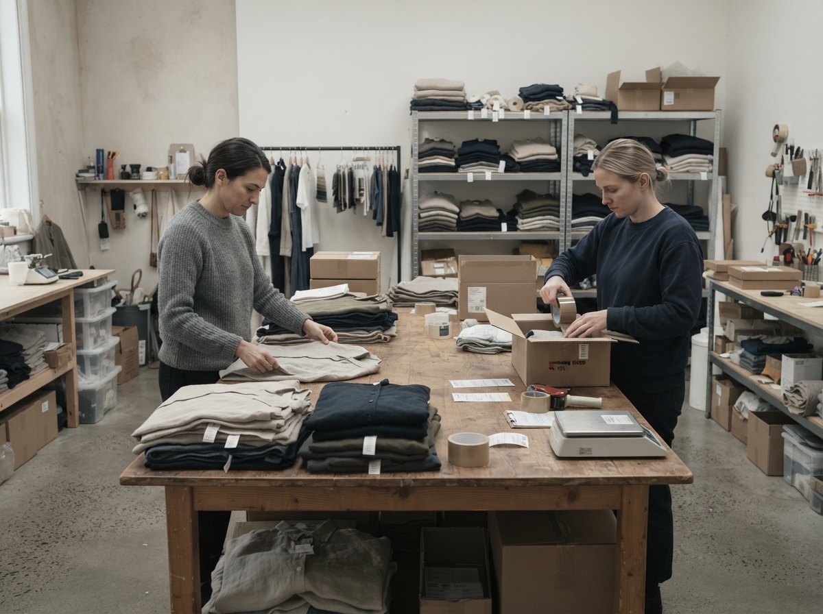 A wide shot of a small studio where two people are folding garments and packing orders into boxes...